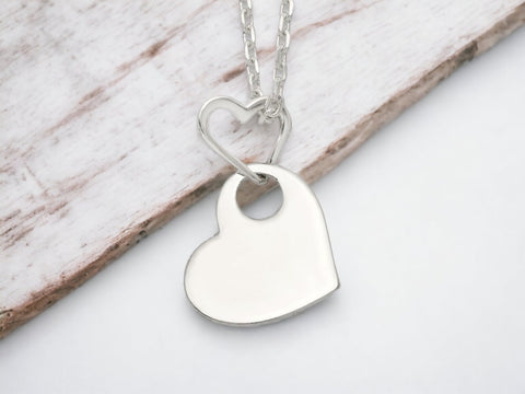 Sterling Silver Heart Hanging in Heart Necklace, Heart Pendant with Chain, Double Heart Necklace Pendant