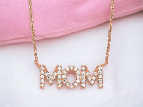 Sterling Silver Mom Necklace, Rose Gold Mom Pendant Necklace, Gift from Kids, Gift for Mom, Mothers Day Gift