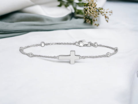 Sterling Silver Cross Bracelet, CZ Cross Bracelet, Sideways Cross Bracelet, Women Bracelet, Gifts for Her