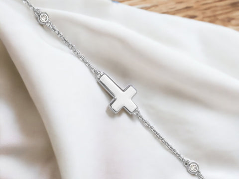 Sterling Silver Cross Bracelet, CZ Cross Bracelet, Sideways Cross Bracelet, Women Bracelet, Gifts for Her