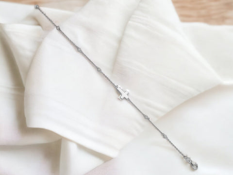 Sterling Silver Cross Bracelet, CZ Cross Bracelet, Sideways Cross Bracelet, Women Bracelet, Gifts for Her