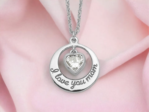 Sterling Silver Mom Necklace, Dangling Heart I Love You Mom Pendant, Mom Necklace with Chain, Gift for Mom