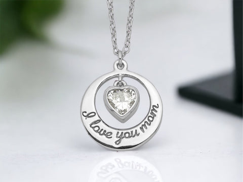 Sterling Silver Mom Necklace, Dangling Heart I Love You Mom Pendant, Mom Necklace with Chain, Gift for Mom