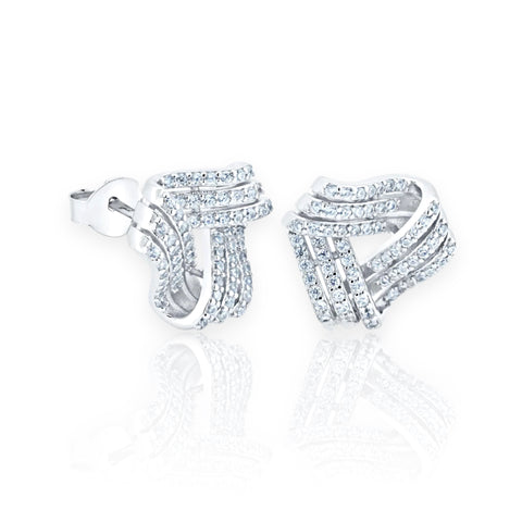 Silver 925 Rhodium Plated 3 Layer Knot CZ Stud Earrings