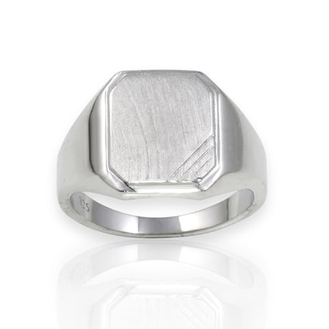 Silver 925 Rhodium Plated Men's Engravable Octagon Ring with Matte Finish