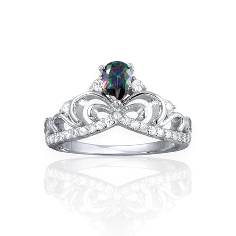 Silver 925 Rhodium Plated Crown Synthetic Mystic Topaz CZ Ring