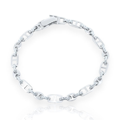 Silver 925 Rhodium Plated Mariner Style CZ Link Bracelet