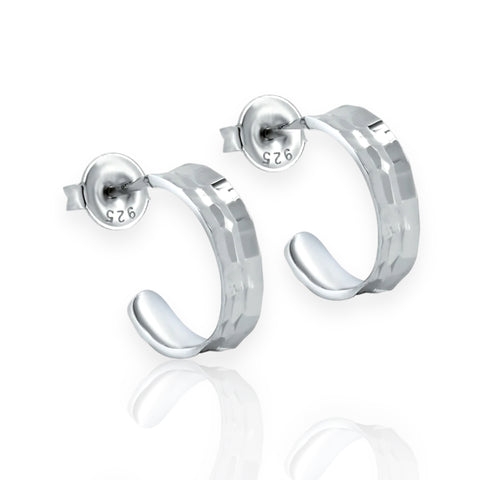 Silver 925 Rhodium Plated Diamond Cut 13.5 Semi Hoop Stud Earrings