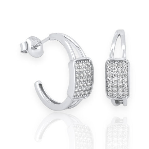 Silver 925 Rhodium Plated Square Center Encrusted CZ Semi Hoop Earrings