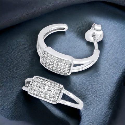 Silver 925 Rhodium Plated Square Center Encrusted CZ Semi Hoop Earrings