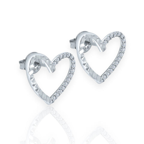 Silver 925 Rhodium Plated Diamond Cut Clear CZ Heart Stud Earrings