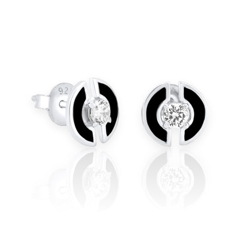 Silver 925 Rhodium Plated Enamel Double Half Circle Stud 11mm Earrings