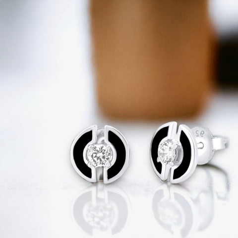 Silver 925 Rhodium Plated Enamel Double Half Circle Stud 11mm Earrings