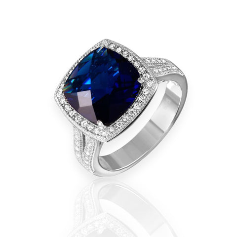 Silver 925 Rhodium Plated Square Halo Blue CZ Ring with Micro Pave Stones