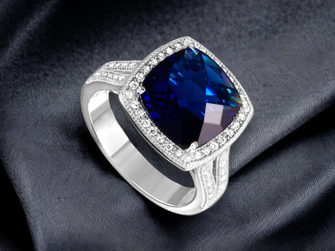 Silver 925 Rhodium Plated Square Halo Blue CZ Ring with Micro Pave Stones