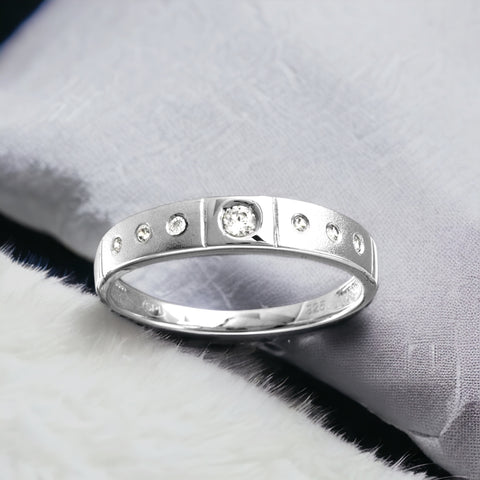 Mens Sterling Silver 925 Half Matte Finish Rhodium Plated CZ Triol Ring