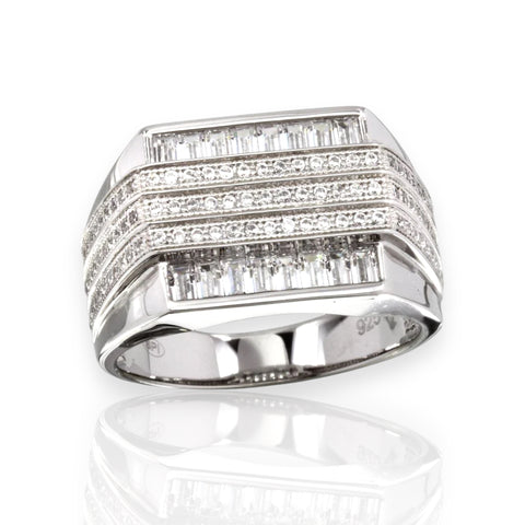 Men's Sterling Silver 925 Rhodium Plated 3 Bar CZ Ring