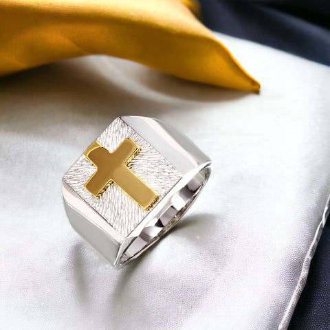 Men's Sterling Silver 925 Two-Toned Cross Ring