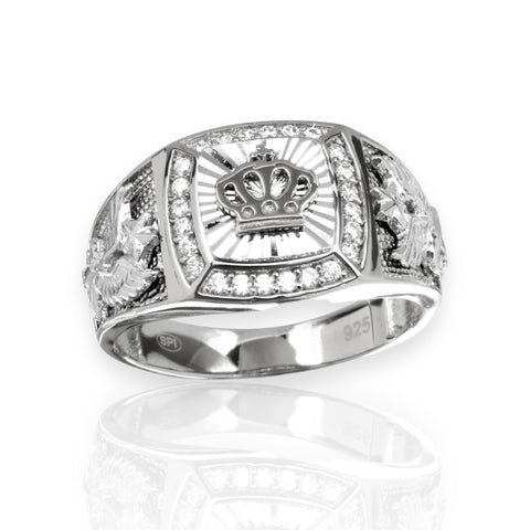 Men's Sterling Silver 925 Rhodium Plated Crown Ring