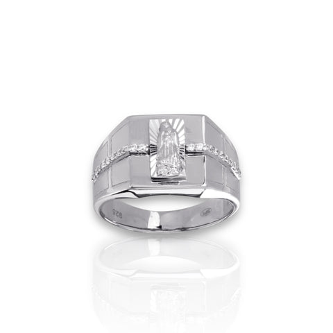 Men's Sterling Silver 925 Rhodium Lady of Guadalupe Ring with CZ