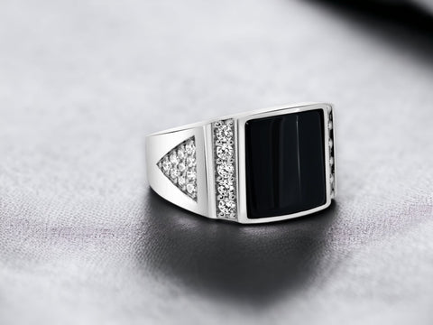 Men's Silver Rhodium Square Black Onyx CZ Triangle Shank Ring