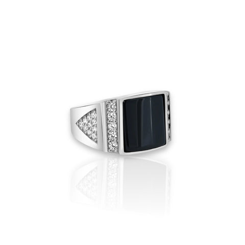 Men's Silver Rhodium Square Black Onyx CZ Triangle Shank Ring