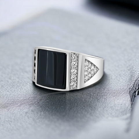 Men's Silver Rhodium Square Black Onyx CZ Triangle Shank Ring