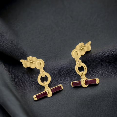 Silver 925 Gold Plated Dangling Red Enamel Bar Stud Earrings