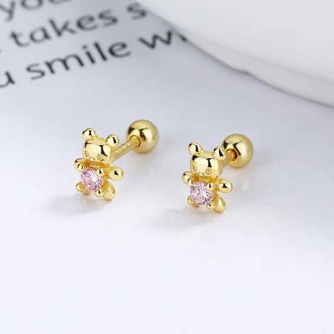 Cute Simple Style Animal Bear Plating Inlay Sterling Silver Artificial Diamond Ear Studs