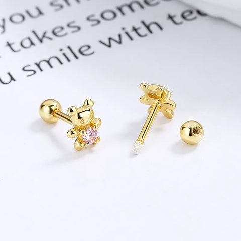 Cute Simple Style Animal Bear Plating Inlay Sterling Silver Artificial Diamond Ear Studs