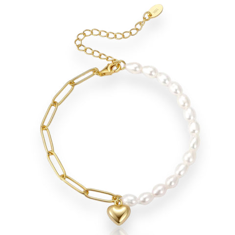 Block Heart Shape Sterling Silver Plating Inlay Freshwater Pearl 14K Gold Plated Bracelet