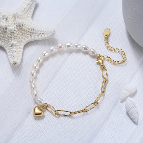 Block Heart Shape Sterling Silver Plating Inlay Freshwater Pearl 14K Gold Plated Bracelet