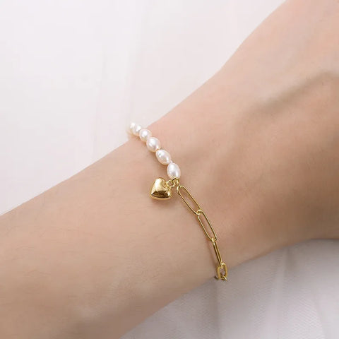 Block Heart Shape Sterling Silver Plating Inlay Freshwater Pearl 14K Gold Plated Bracelet