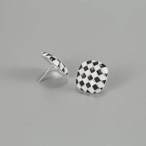 Checkered Style Plaid Epoxy Sterling Silver Ear Studs