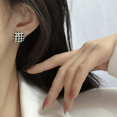 Checkered Style Plaid Epoxy Sterling Silver Ear Studs