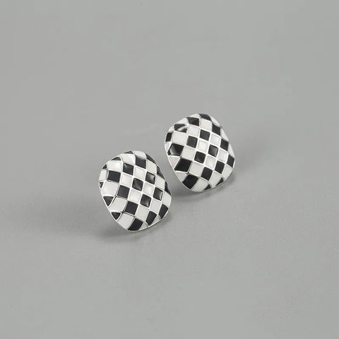 Checkered Style Plaid Epoxy Sterling Silver Ear Studs