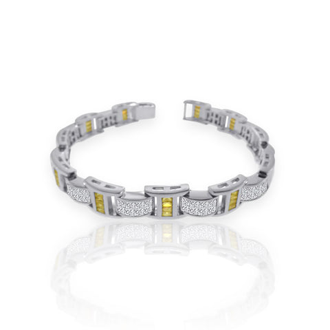 Men's Silver 925 Rhodium Plated Clear and Yellow CZ Link Bracelet