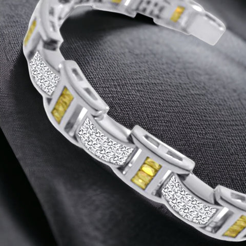 Men's Silver 925 Rhodium Plated Clear and Yellow CZ Link Bracelet