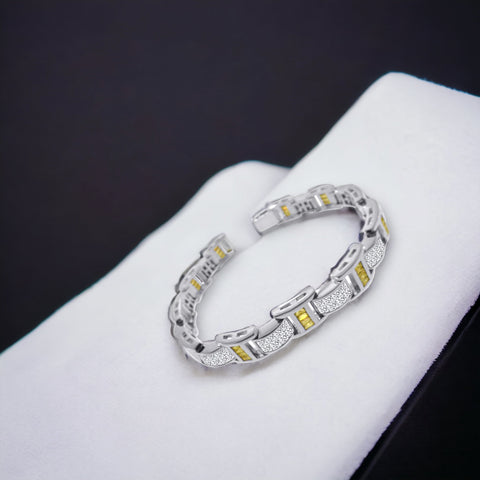 Men's Silver 925 Rhodium Plated Clear and Yellow CZ Link Bracelet