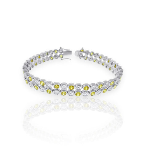 Men's Silver 925 Rhodium Plated 2 Row Clear and Yellow CZ Bubble Bracelet