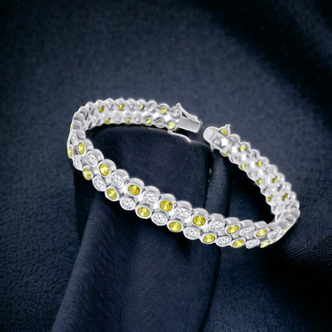 Men's Silver 925 Rhodium Plated 2 Row Clear and Yellow CZ Bubble Bracelet