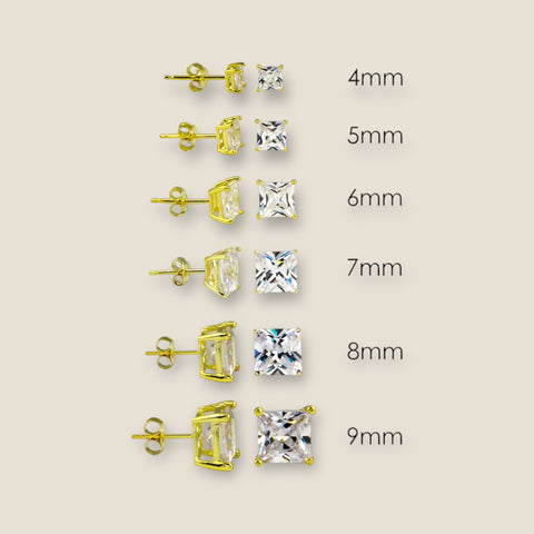 Silver 925 Gold Plated Square Basket CZ Stud Earrings (Unisex)