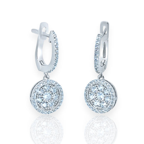 Sterling Silver Rhodium Plated Dangling CZ Encrusted Disc Hoop Earrings