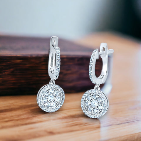 Sterling Silver Rhodium Plated Dangling CZ Encrusted Disc Hoop Earrings