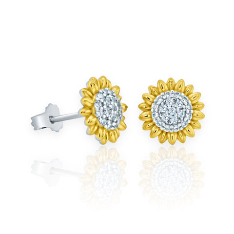 Sterling Silver Rhodium Plated 2 Toned Sunflower CZ Stud Earrings