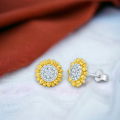 Sterling Silver Rhodium Plated 2 Toned Sunflower CZ Stud Earrings