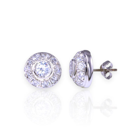 Silver 925 Rhodium Plated Dome Clear CZ Stud Earrings (Unisex)