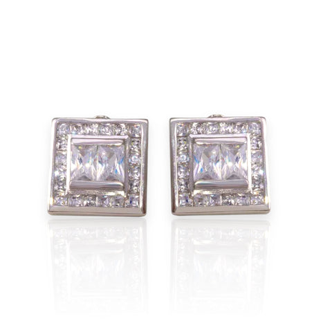 Silver 925 Rhodium Plated Square Clear CZ Stud Earrings