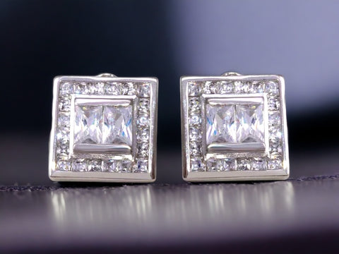 Silver 925 Rhodium Plated Square Clear CZ Stud Earrings