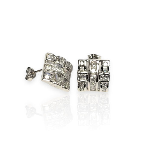 Silver 925 Rhodium Plated Square Cross Design Clear CZ Stud Earrings (Unisex)